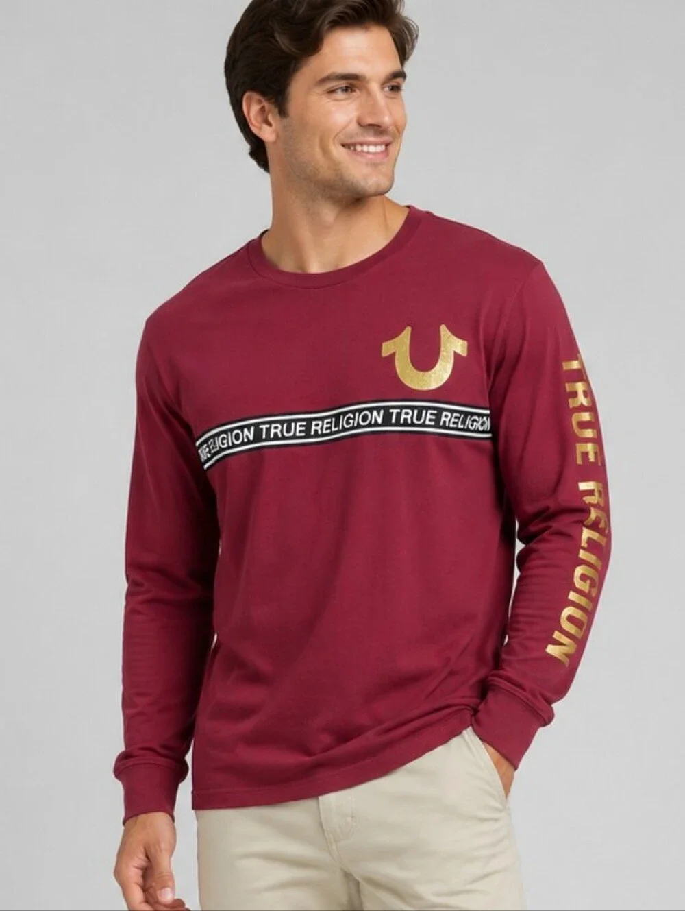 NWT True Religion Foil Taping Long Sleeve Tee Men L Burgundy Gold Logo